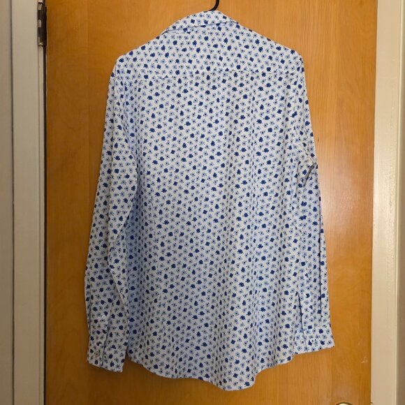 C-LAB NYC Long Sleeve 4 Way Stretch Shirt Mens L 16.5 Slim Fit White Blue Floral - Picture 2 of 9